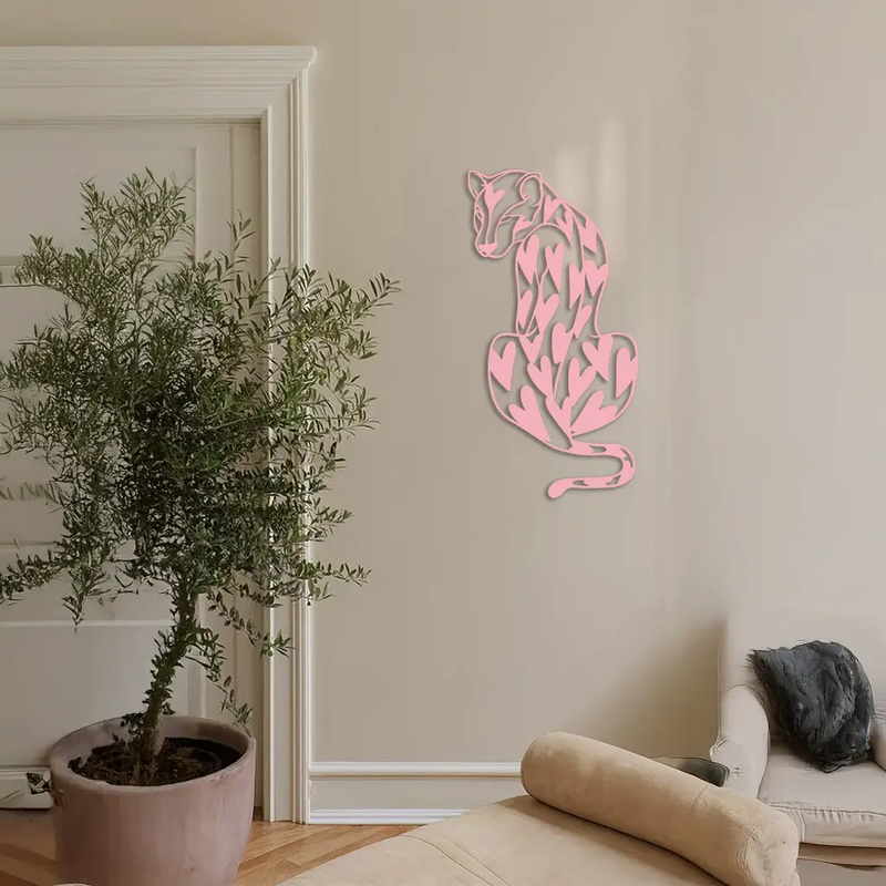 Heart Pattern Leopard Silhouette Metal Wall Art – Modern Animal Design - KAFGP044 by Enova Art
