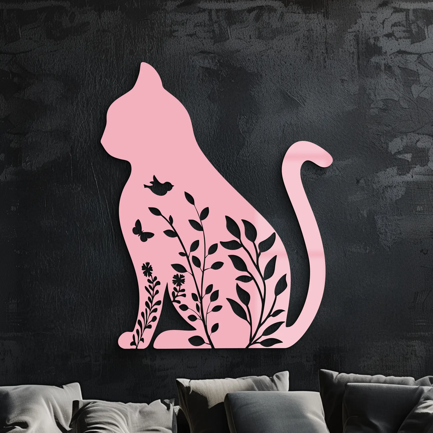 Floral Cat Silhouette Metal Wall Art – Elegant Pet-Inspired Home Décor - KAFGP061 by Enova Art