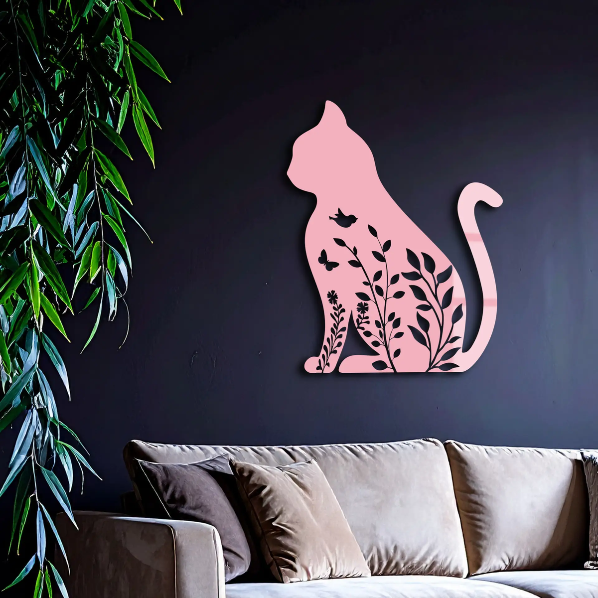 Floral Cat Silhouette Metal Wall Art – Elegant Pet-Inspired Home Décor - KAFGP061 by Enova Art