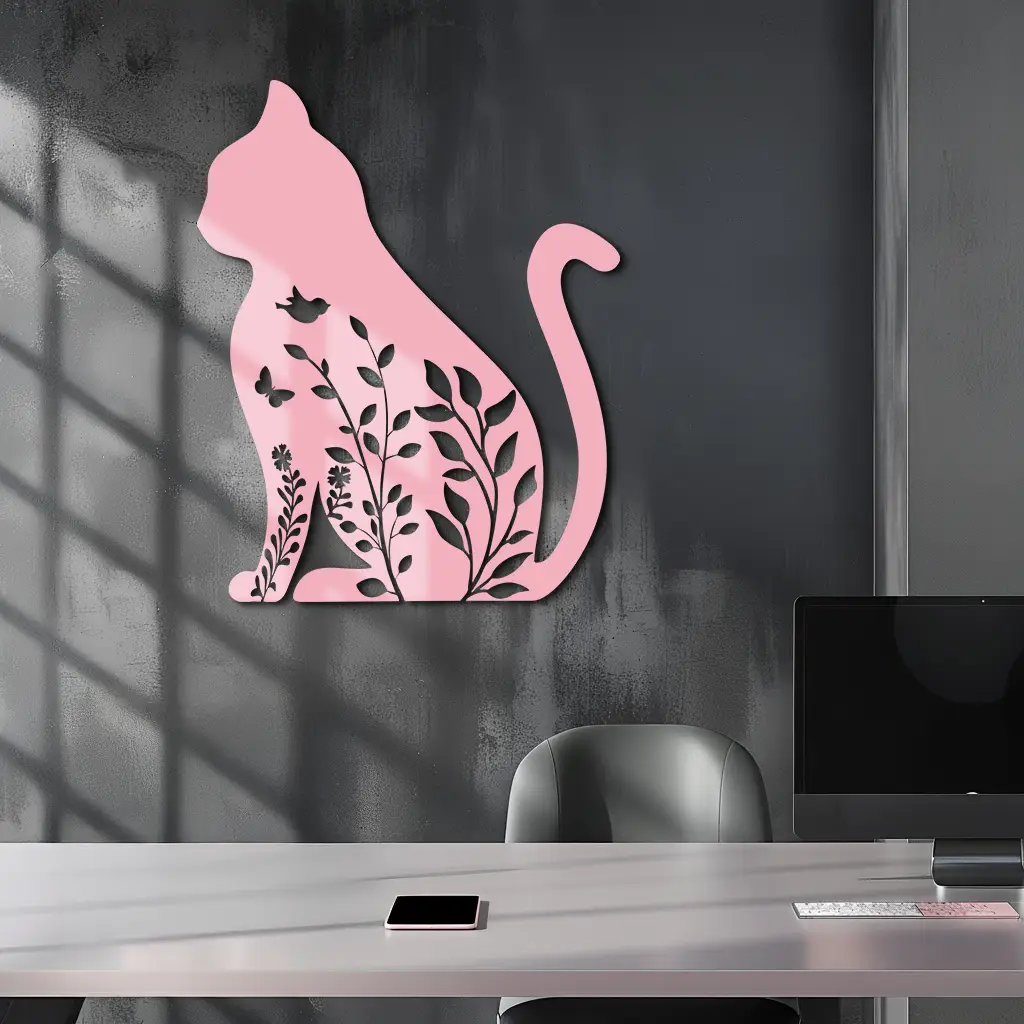 Floral Cat Silhouette Metal Wall Art – Elegant Pet-Inspired Home Décor - KAFGP061 by Enova Art