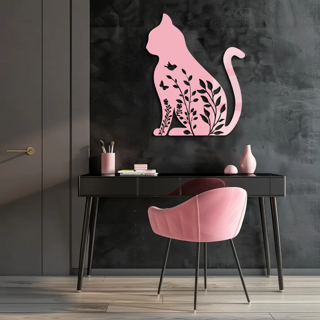 Floral Cat Silhouette Metal Wall Art – Elegant Pet-Inspired Home Décor - KAFGP061 by Enova Art