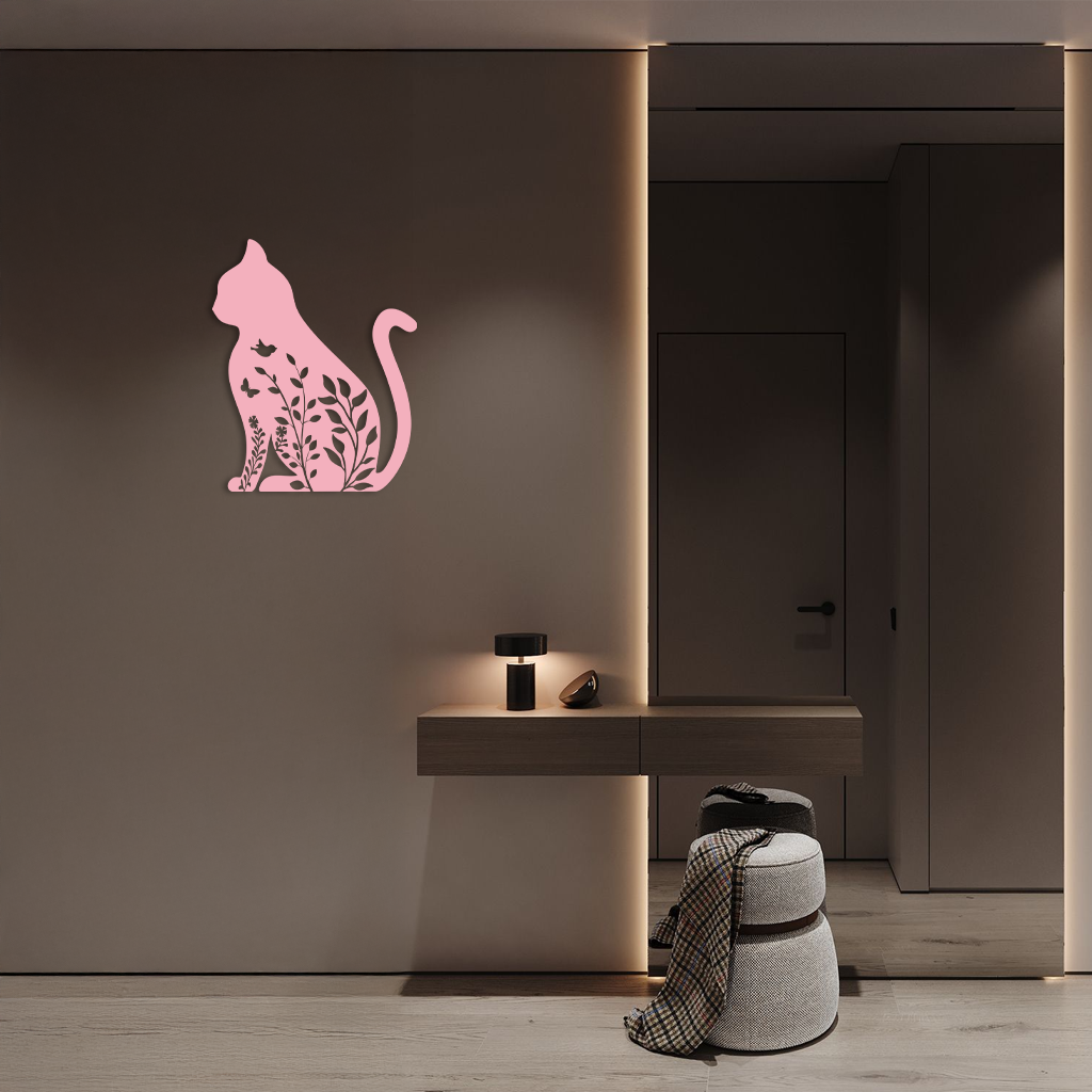 Floral Cat Silhouette Metal Wall Art – Elegant Pet-Inspired Home Décor - KAFGP061 by Enova Art