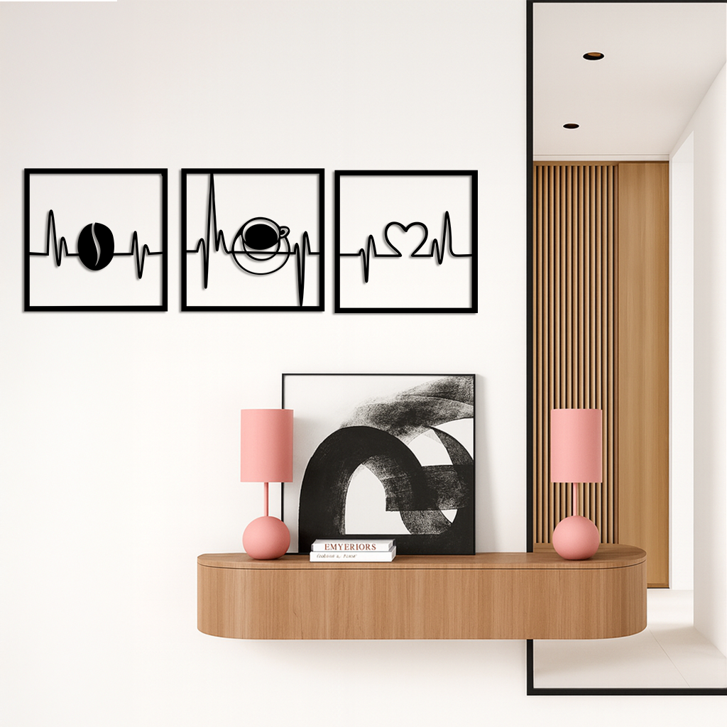 Coffee Heartbeat Metal Wall Art – 3 Panel Espresso Lover Decor - KAFGP128 by Enova Art