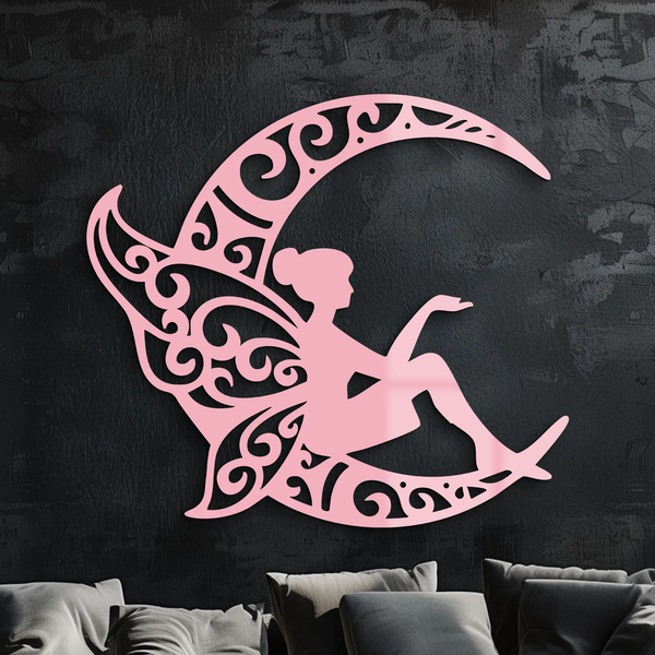 Fairy Sitting on Crescent Moon Metal Wall Art – Enchanted Decorative Silhouette - KAFGP132