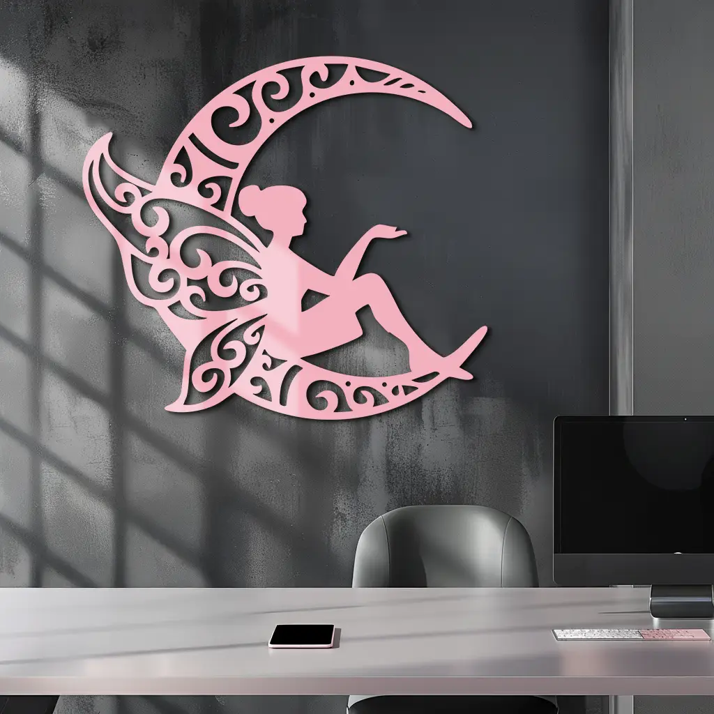 Fairy Sitting on Crescent Moon Metal Wall Art – Enchanted Decorative Silhouette - KAFGP132 by Enova Art