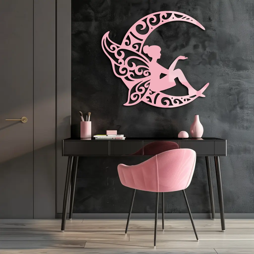 Fairy Sitting on Crescent Moon Metal Wall Art – Enchanted Decorative Silhouette - KAFGP132 by Enova Art
