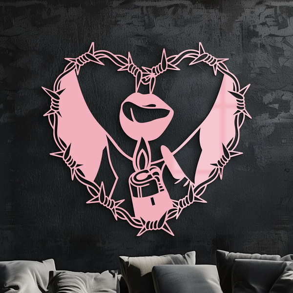Heart Flame Metal Wall Art – Lips and Lighter Design with Barbed Wire Heart - KAFGP133