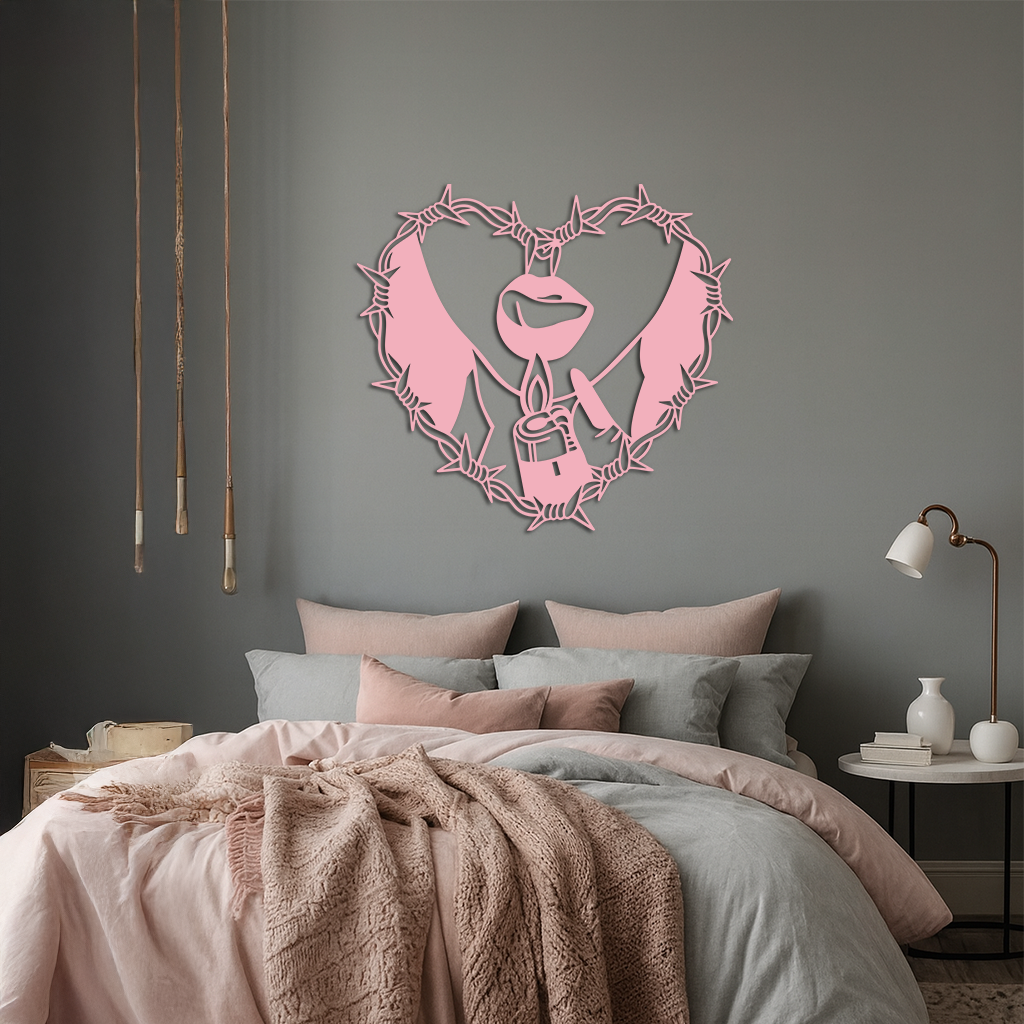 Heart Flame Metal Wall Art – Lips and Lighter Design with Barbed Wire Heart - KAFGP133 by Enova Art