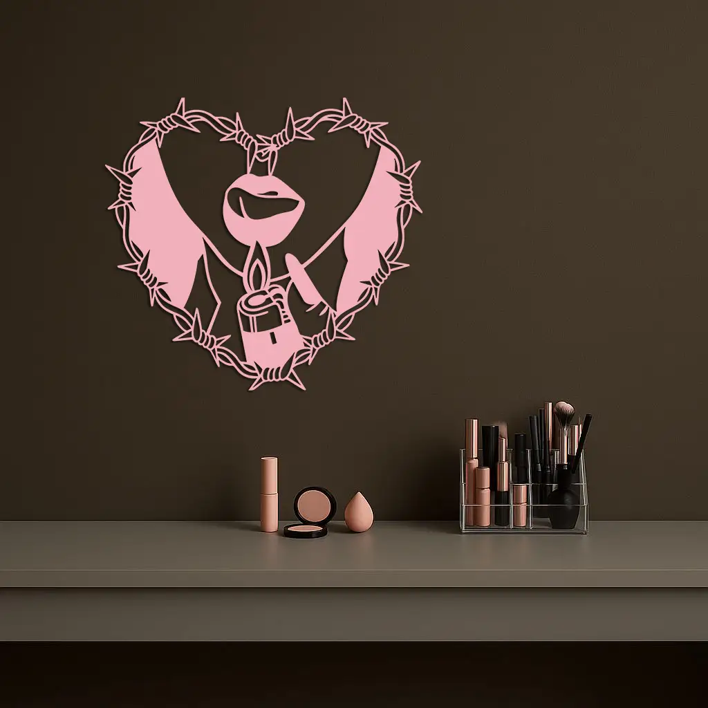 Heart Flame Metal Wall Art – Lips and Lighter Design with Barbed Wire Heart - KAFGP133 by Enova Art