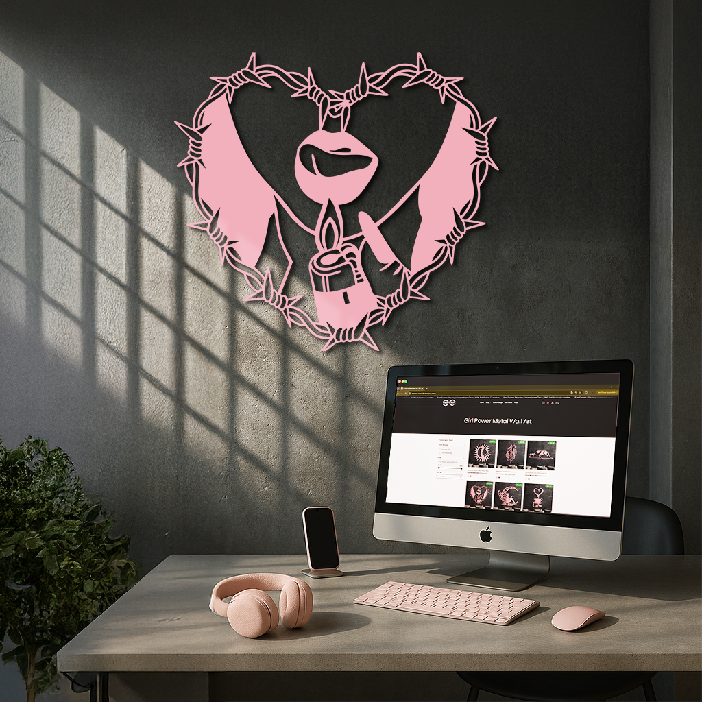 Heart Flame Metal Wall Art – Lips and Lighter Design with Barbed Wire Heart - KAFGP133 by Enova Art
