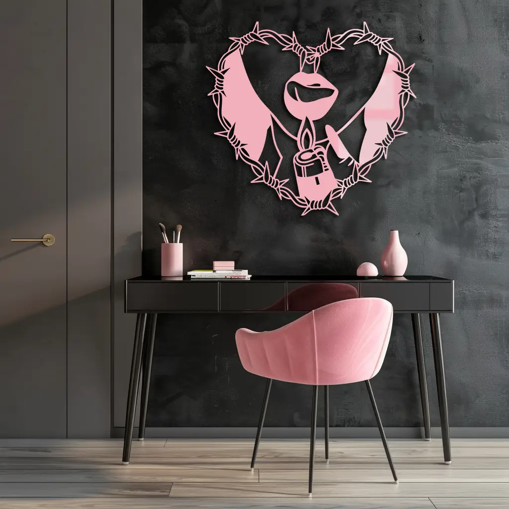 Heart Flame Metal Wall Art – Lips and Lighter Design with Barbed Wire Heart - KAFGP133 by Enova Art