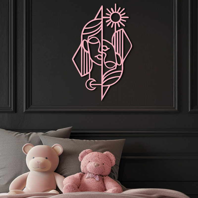 Abstract Face Metal Wall Art – Sun and Moon Geometric Line Design - KAFGP135 by Enova Art