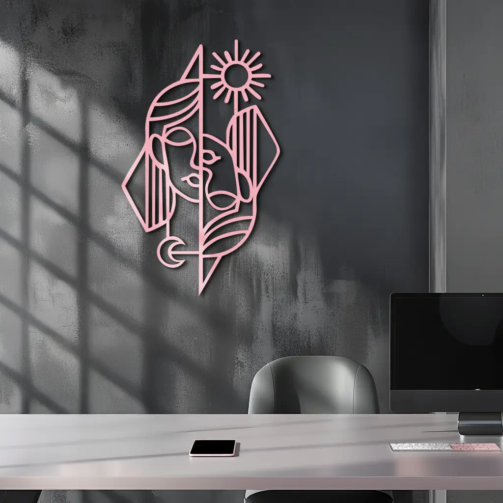 Abstract Face Metal Wall Art – Sun and Moon Geometric Line Design - KAFGP135 by Enova Art