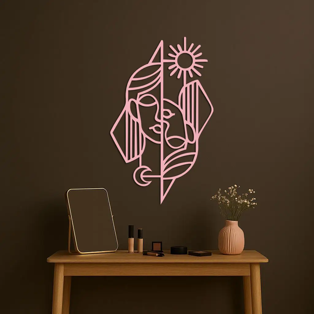 Abstract Face Metal Wall Art – Sun and Moon Geometric Line Design - KAFGP135 by Enova Art