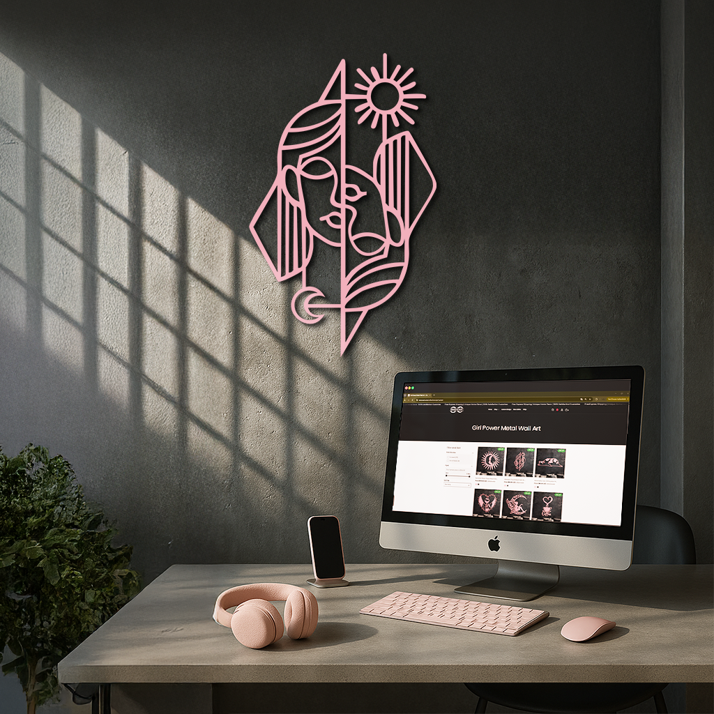 Abstract Face Metal Wall Art – Sun and Moon Geometric Line Design - KAFGP135 by Enova Art