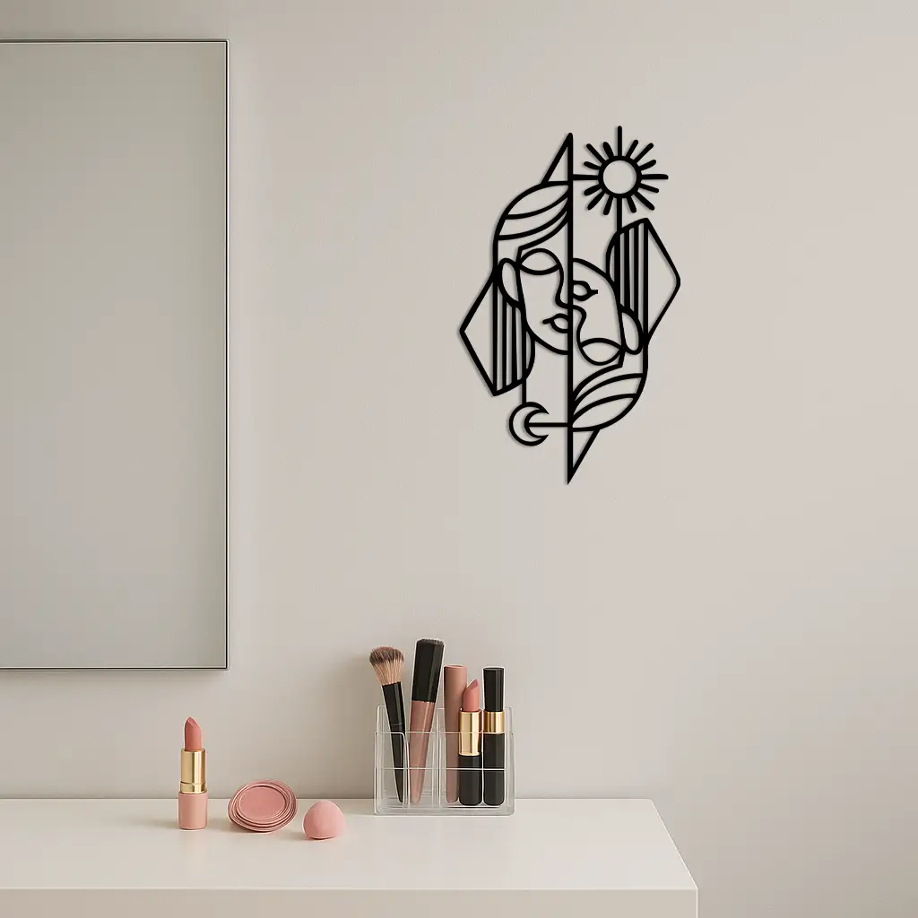 Abstract Face Metal Wall Art – Sun and Moon Geometric Line Design - KAFGP135 by Enova Art