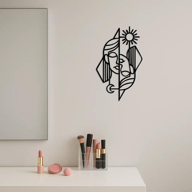 Abstract Face Metal Wall Art – Sun and Moon Geometric Line Design - KAFGP135 by Enova Art