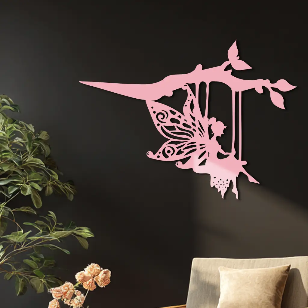 Enchanted Fairy on Swing Metal Garden Wall Art – Outdoor Fantasy Decor - KAFGP138 by Enova Art