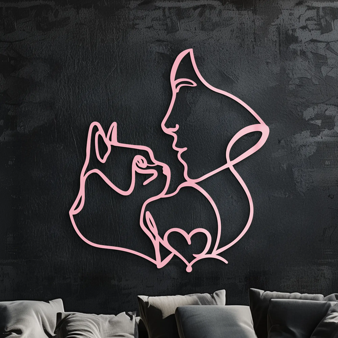Cat and Woman Silhouette Metal Wall Art – Modern Pet Lover Line Art Decor - KAFGP146 by Enova Art
