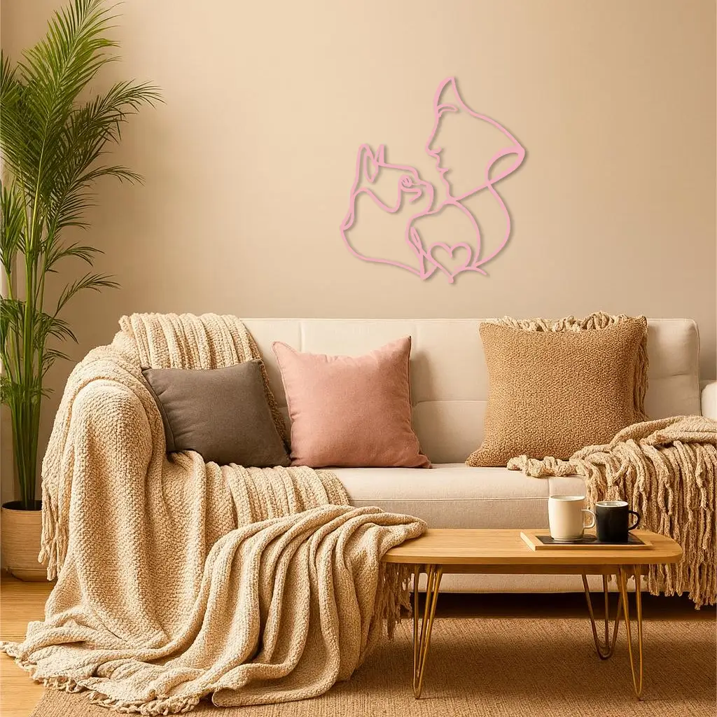 Cat and Woman Silhouette Metal Wall Art – Modern Pet Lover Line Art Decor - KAFGP146 by Enova Art