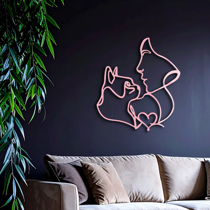 Cat and Woman Silhouette Metal Wall Art – Modern Pet Lover Line Art Decor - KAFGP146 by Enova Art
