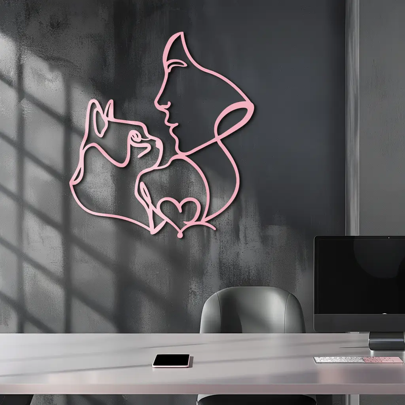 Cat and Woman Silhouette Metal Wall Art – Modern Pet Lover Line Art Decor - KAFGP146 by Enova Art