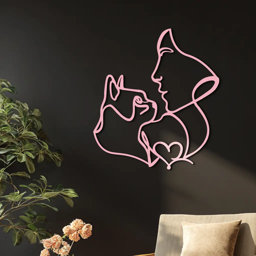 Cat and Woman Silhouette Metal Wall Art – Modern Pet Lover Line Art Decor - KAFGP146 by Enova Art