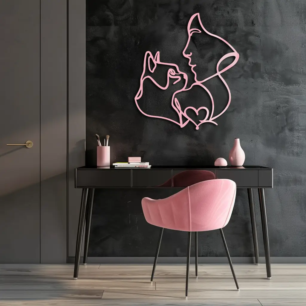Cat and Woman Silhouette Metal Wall Art – Modern Pet Lover Line Art Decor - KAFGP146 by Enova Art