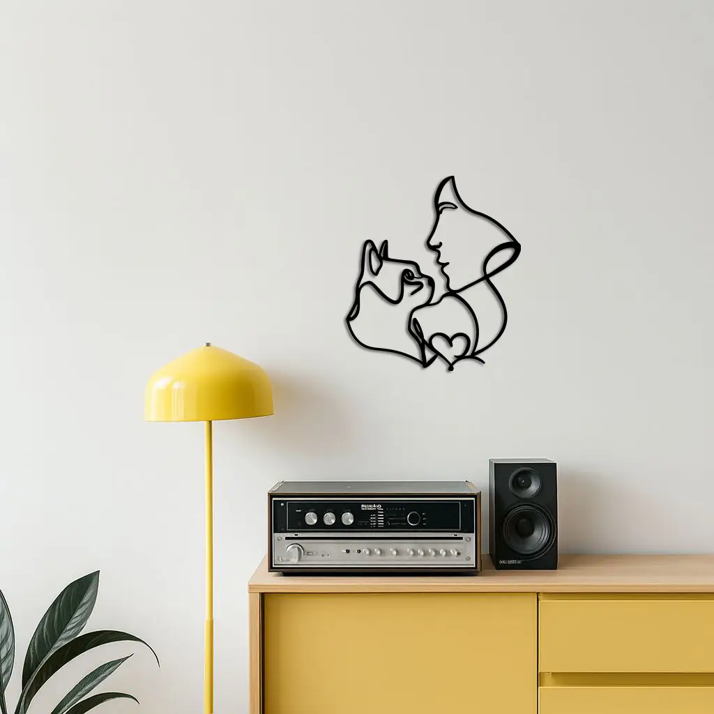 Cat and Woman Silhouette Metal Wall Art – Modern Pet Lover Line Art Decor - KAFGP146 by Enova Art
