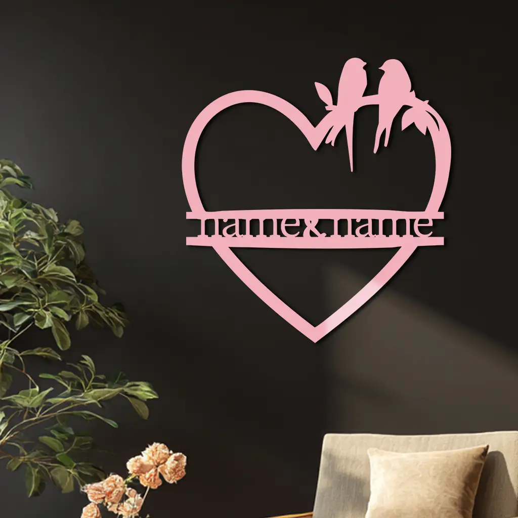 Personalized Heart Metal Wall Art with Birds – Custom Name Couple Gift - KAFGP148 by Enova Art