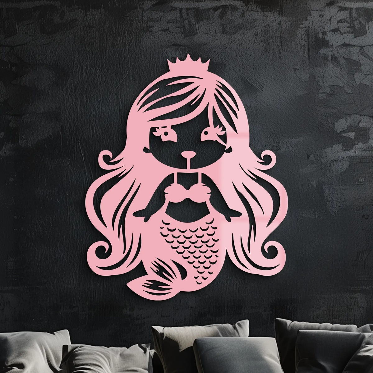 Pink Mermaid Silhouette Metal Wall Art – Cute Ocean Fantasy Wall Decor for Girls - KAFGP152 by Enova Art