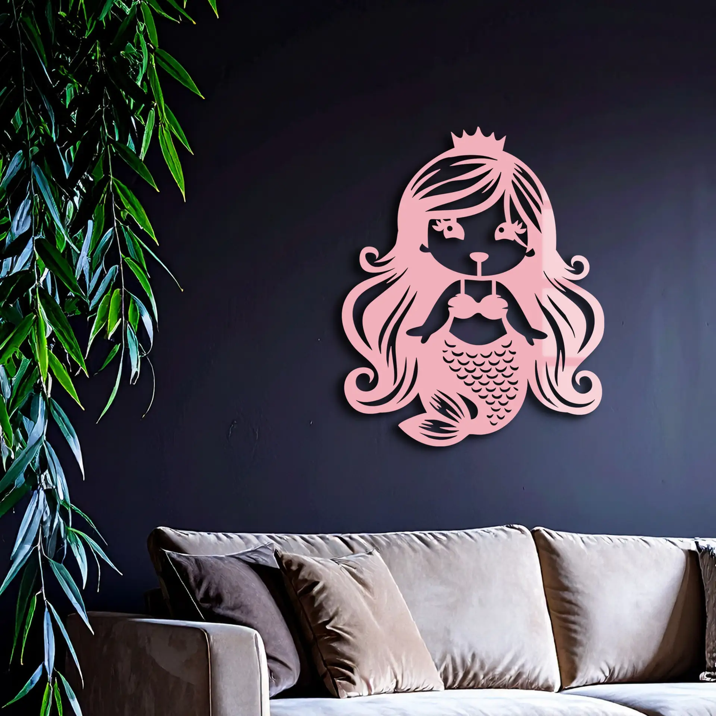 Pink Mermaid Silhouette Metal Wall Art – Cute Ocean Fantasy Wall Decor for Girls - KAFGP152 by Enova Art