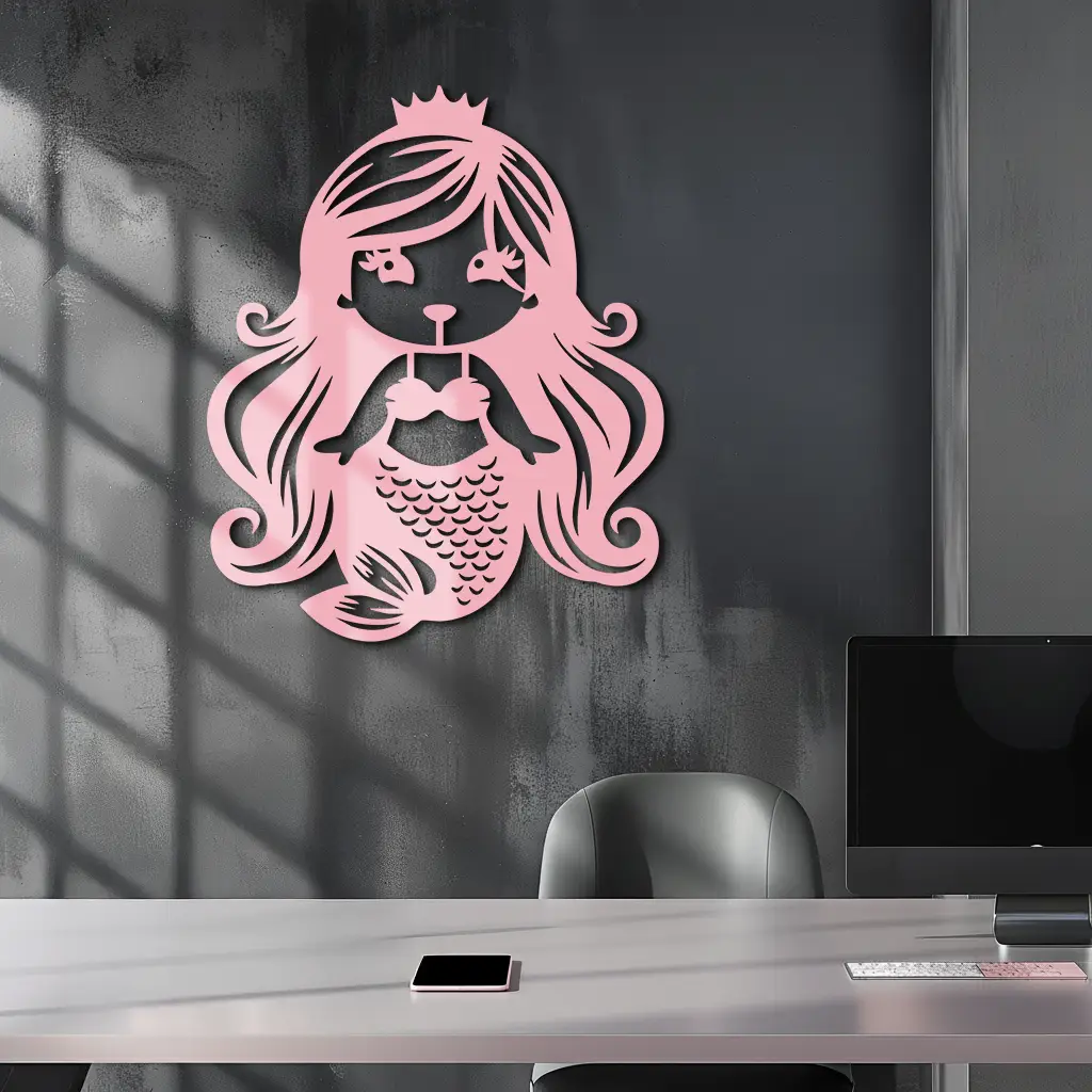 Pink Mermaid Silhouette Metal Wall Art – Cute Ocean Fantasy Wall Decor for Girls - KAFGP152 by Enova Art