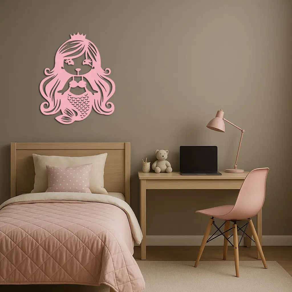 Pink Mermaid Silhouette Metal Wall Art – Cute Ocean Fantasy Wall Decor for Girls - KAFGP152 by Enova Art