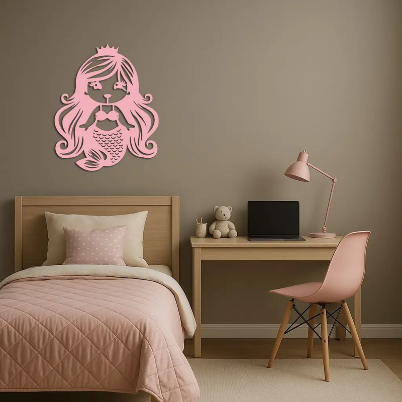 Pink Mermaid Silhouette Metal Wall Art – Cute Ocean Fantasy Wall Decor for Girls - KAFGP152 by Enova Art