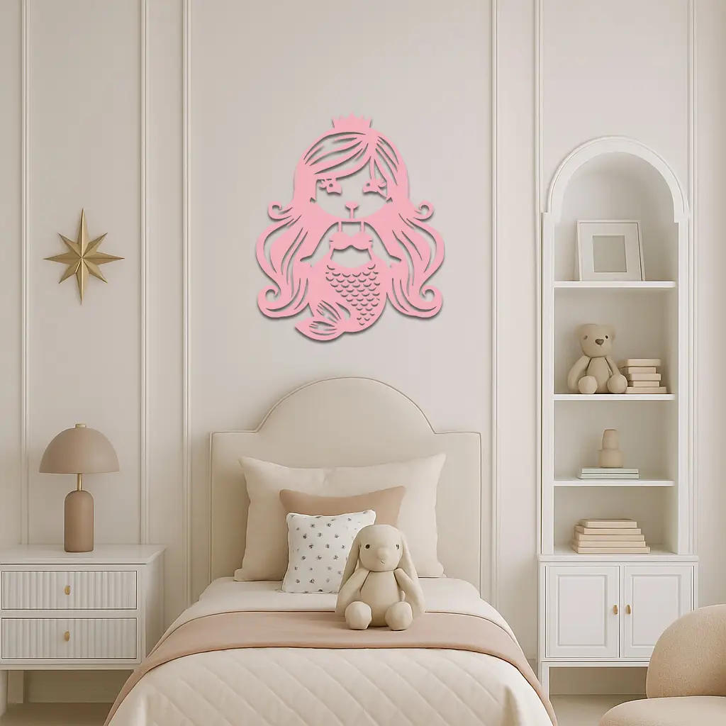 Pink Mermaid Silhouette Metal Wall Art – Cute Ocean Fantasy Wall Decor for Girls - KAFGP152 by Enova Art