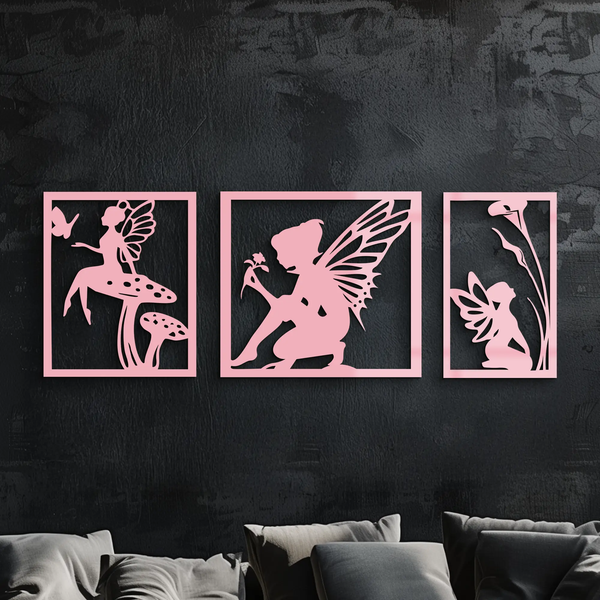 Pink Fairy Trio Metal Wall Art – Set of Three Fantasy Silhouette Panels - KAFGP156
