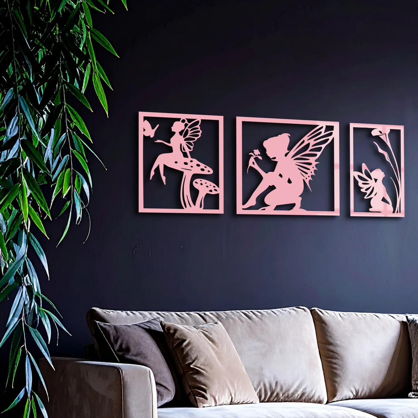 Pink Fairy Trio Metal Wall Art – Set of Three Fantasy Silhouette Panels - KAFGP156 by Enova Art