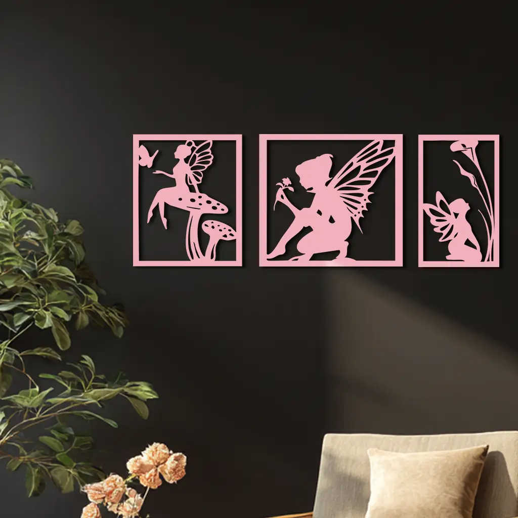 Pink Fairy Trio Metal Wall Art – Set of Three Fantasy Silhouette Panels - KAFGP156 by Enova Art