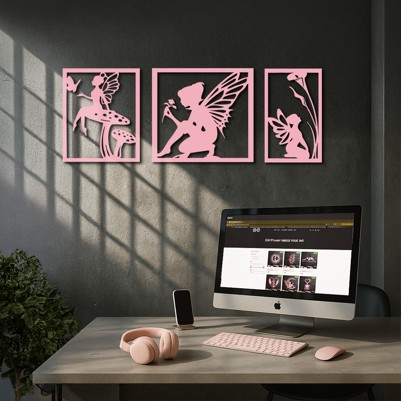 Pink Fairy Trio Metal Wall Art – Set of Three Fantasy Silhouette Panels - KAFGP156 by Enova Art