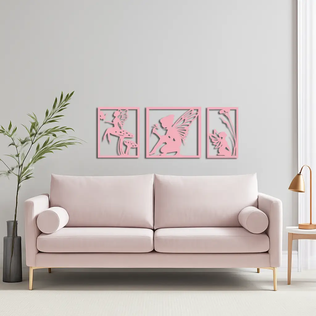 Pink Fairy Trio Metal Wall Art – Set of Three Fantasy Silhouette Panels - KAFGP156 by Enova Art
