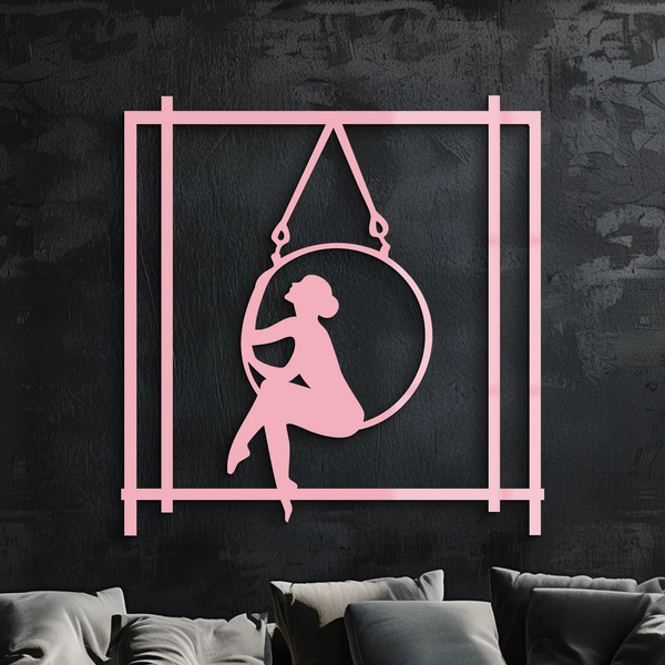 Woman on Hanging Ring Silhouette Modern Home Décor - Pink Metal Wall Art - KAFGP158
