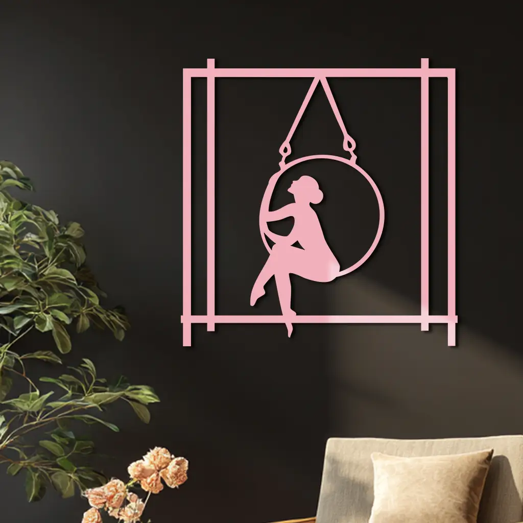 Woman on Hanging Ring Silhouette Modern Home Décor - Pink Metal Wall Art - KAFGP158 by Enova Art