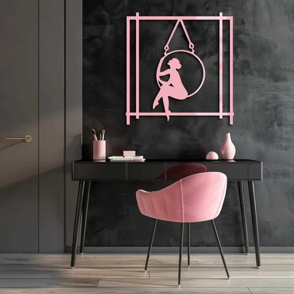 Woman on Hanging Ring Silhouette Modern Home Décor - Pink Metal Wall Art - KAFGP158 by Enova Art
