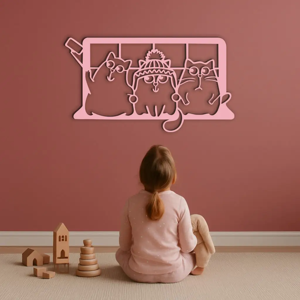 Funny Cats Taking Selfie Silhouette - Pink Metal Wall Art - KAFGP159 by Enova Art
