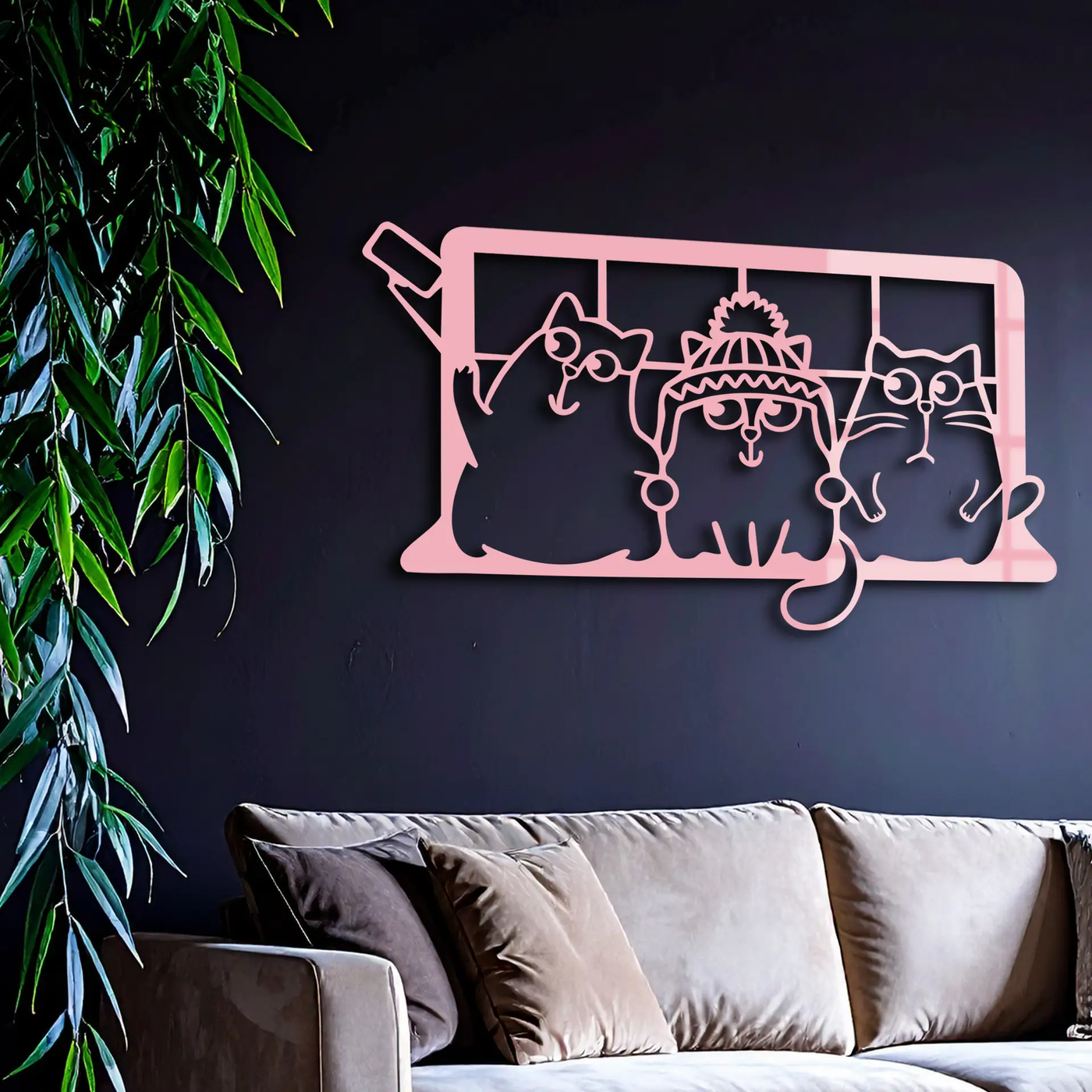 Funny Cats Taking Selfie Silhouette - Pink Metal Wall Art - KAFGP159 by Enova Art