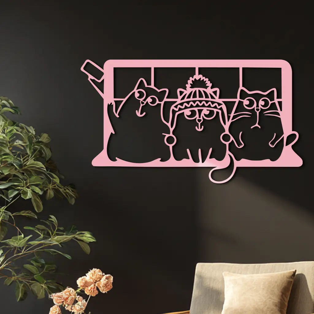Funny Cats Taking Selfie Silhouette - Pink Metal Wall Art - KAFGP159 by Enova Art