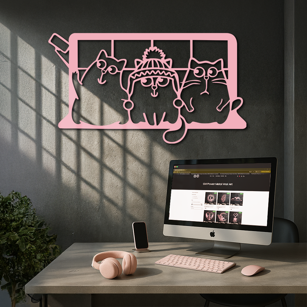 Funny Cats Taking Selfie Silhouette - Pink Metal Wall Art - KAFGP159 by Enova Art