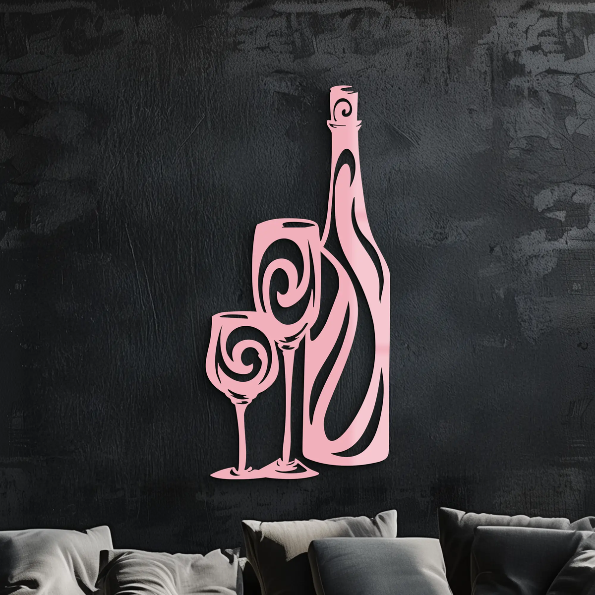 Wine Bottle and Glasses Silhouette Modern Kitchen Décor - Pink Metal Wall Art - KAFGP160 by Enova Art