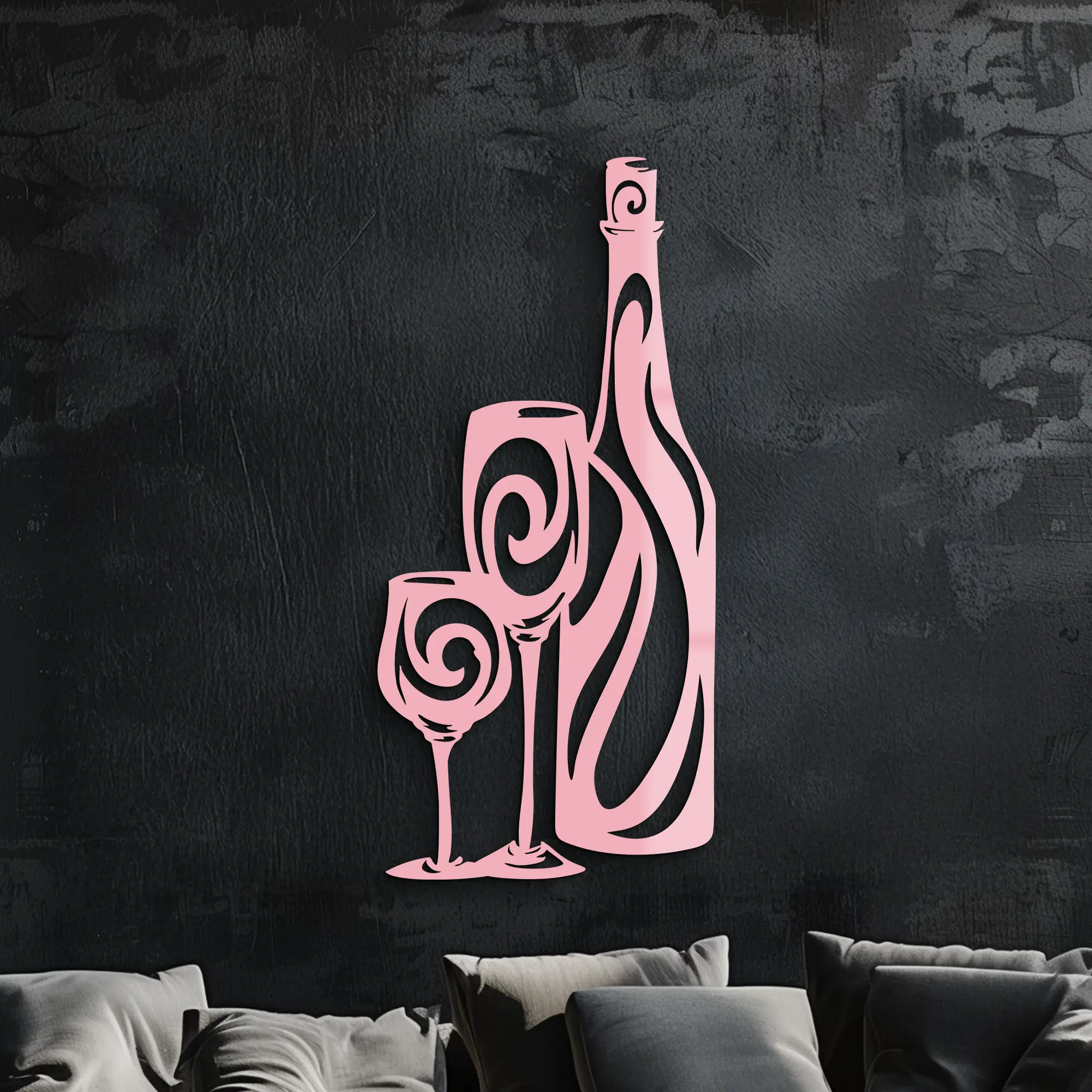Wine Bottle and Glasses Silhouette Modern Kitchen Décor - Pink Metal Wall Art - KAFGP160 by Enova Art
